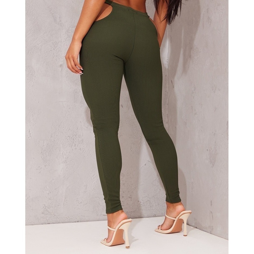 Pretty Little Thing Olive Bandage Rib Cut Leggings - Size 8 - NEW ! - Picture 2 of 16